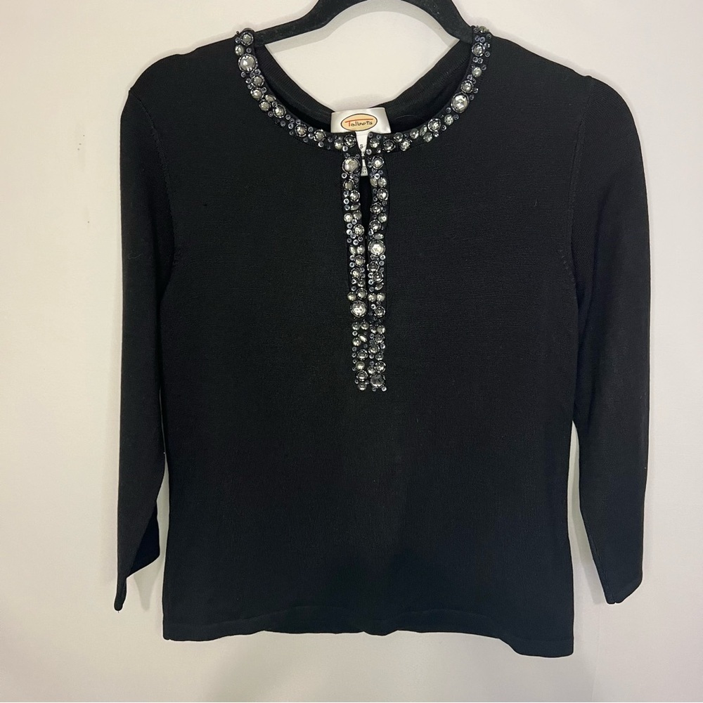 Talbots Rhinestone Gems Silk Stretch Top 3/4 Sleeve Black Small Vintage